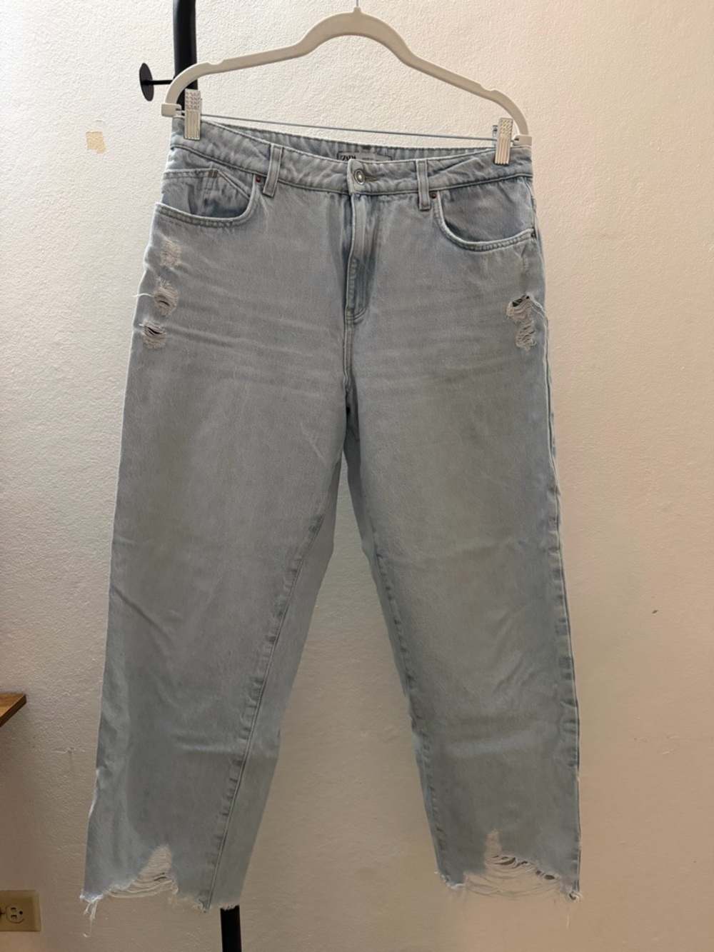 Zara Light Blue Straight Leg Jeans with Distressed Details